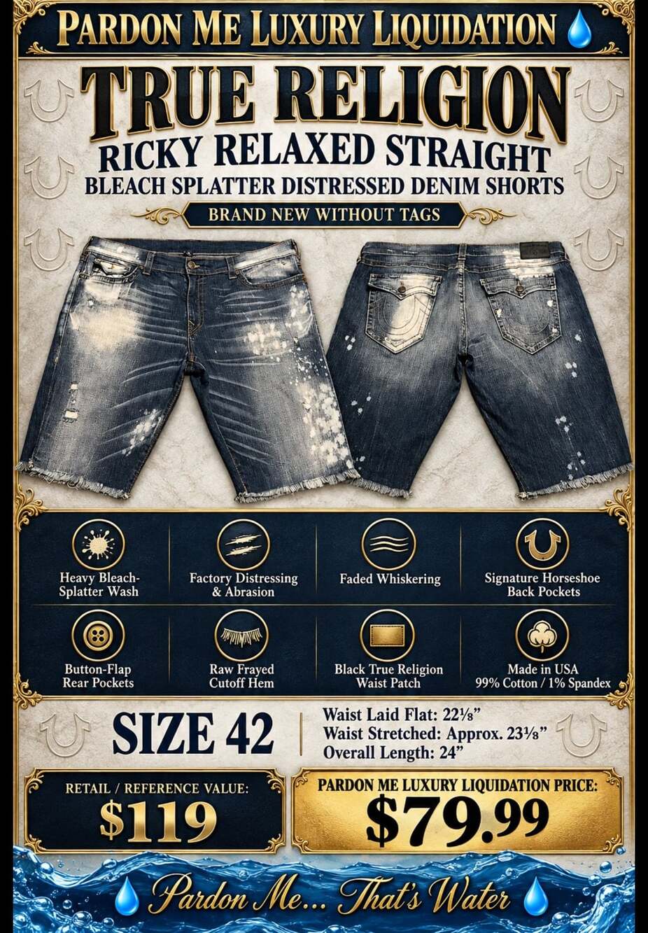 True Religion Ricky Bleach Splatter Distressed Denim Shorts